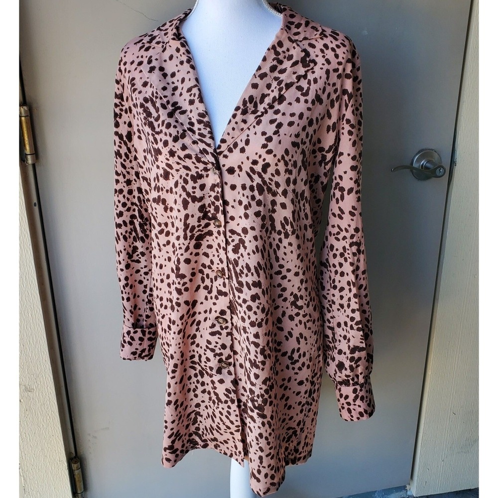 PrettyLittleThing Shirt Dress Womens‎ 4 Pink Brown Animal Print Button Up Mini